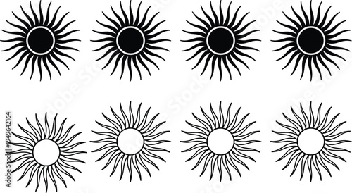 Sun symbol silhouettes collection, abstract solar icons with radiant rays isolated black vector illustration for summer logo design