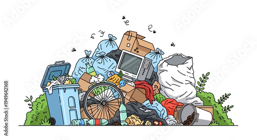 Illustration of a massive pile of household garbage, electronic waste, and recyclable materials