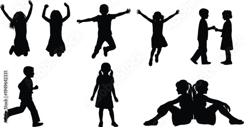Silhouette illustration of children in playful and social poses—capturing movement, interaction, and companionship in a joyful black vector design for childhood themes.