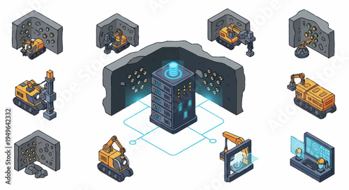 Isometric Mining Excavation and Futuristic Technology.