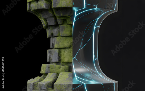 Technological transformation is powerfully illustrated by a vertical split chess rook, with one half appearing as weathered, moss-covered stone and the other showcasing a sleek, dark surface with.