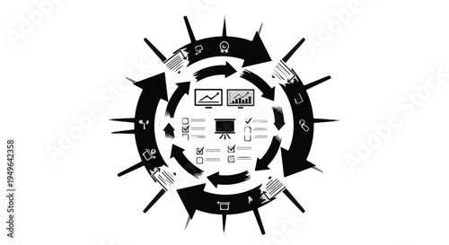 Black and white circular business process diagram with arrows and text on white background, illustrating workflow, strategy, and planning for corporate, marketing, and management concepts