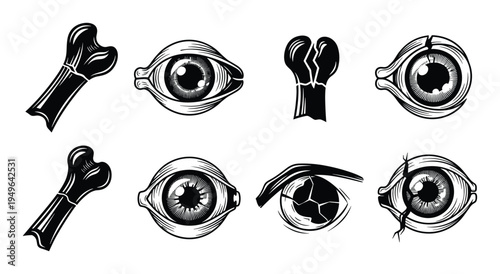 Human eye and bone fracture icons displaying ocular injury and skeletal damage in hand drawn style