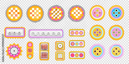 Colorful patterned buttons and rectangular switch panels on transparent background