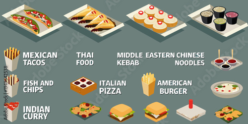 Assortment of international foods displayed in an overhead flat lay