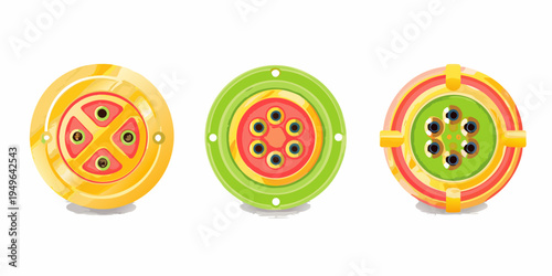 Three colorful oval shaped objects with patterned centers are displayed