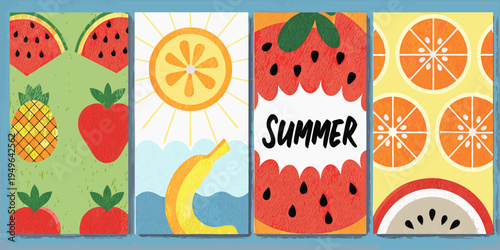 Colorful summer fruit patterns arranged in a grid of four panels
