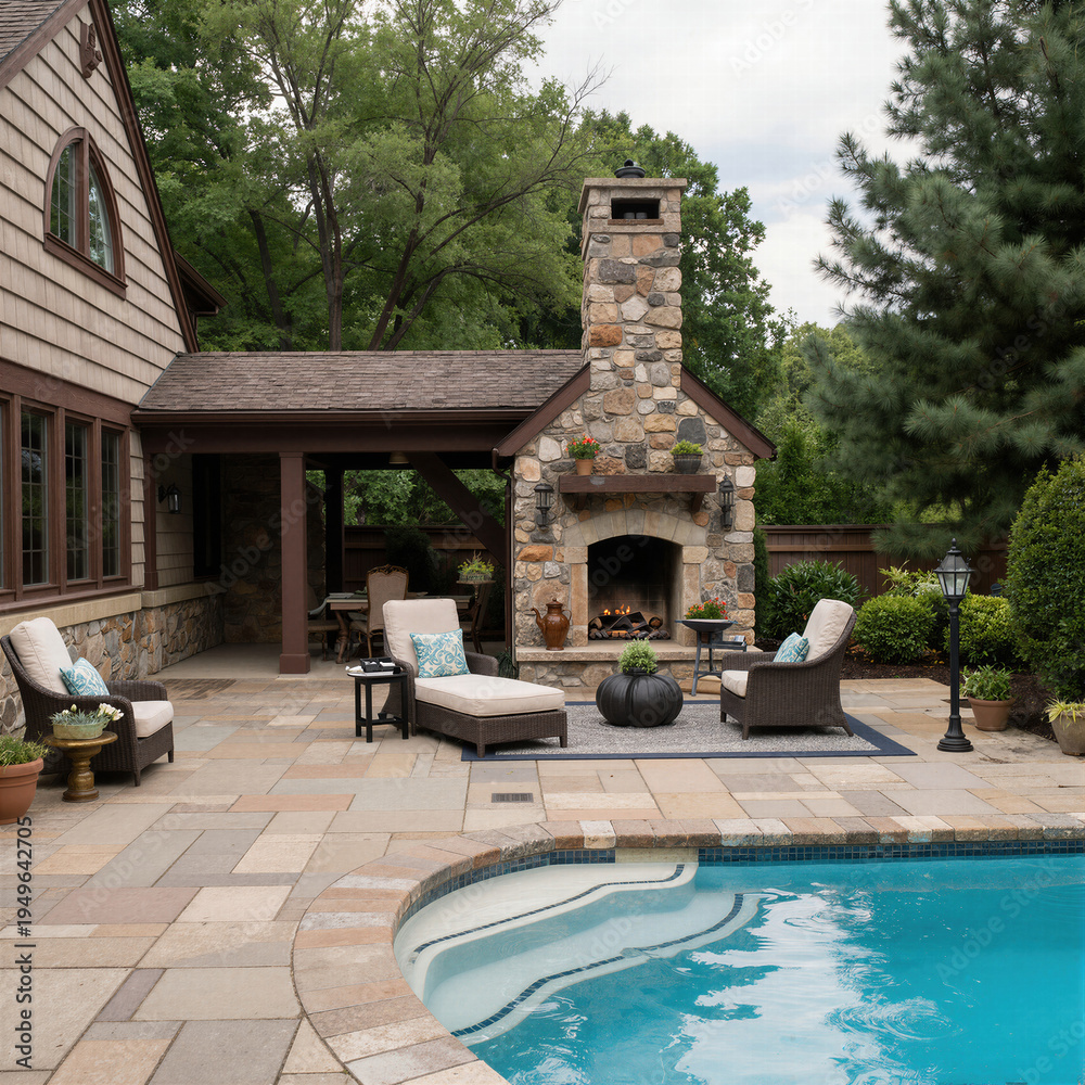 Obraz premium Spectacular luxury residential backyard featuring a stunning stone patio, a grand outdoor fireplace, a covered dining area, and a pristine swimming pool.