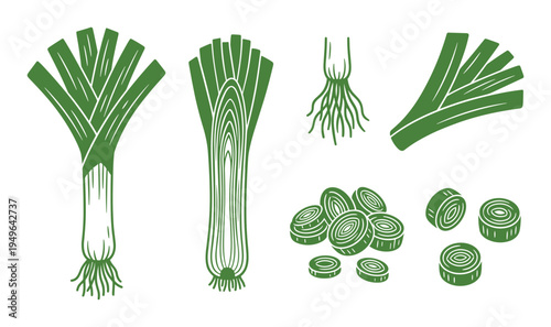 Leek vegetable collection showing whole plant cross section and sliced rings