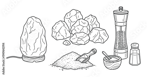 Himalayan salt lamp with mineral rocks and kitchen seasoning set