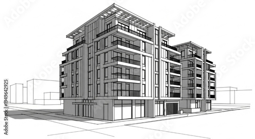 Architectural rendering of a modern residential building with balconies