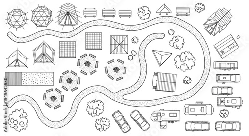 Vector graphics illustration of a campground scene with tents, RVs, and amenities