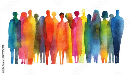 Group of people standing in a line painted with rainbow colors watercolor style