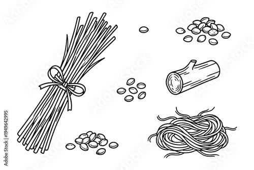 food ingredients collection, spaghetti, legumes, wood log, noodles, cooking preparation