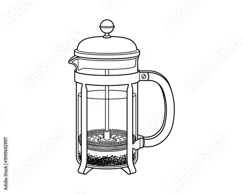 french press coffee maker outline, hand drawn sketch, drink preparation, caffeine beverage brewing