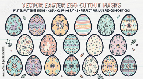 Colorful easter egg cutout masks with pastel patterns and clean clipping paths for layered compositions