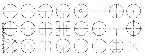 Sniper rifle aim big pack isolated on transparent background. Crosshair target choose destination icon. Aim shoot focus cursor. Bullseye mark targeting. Game aiming sight dot pointer. Vector PNG