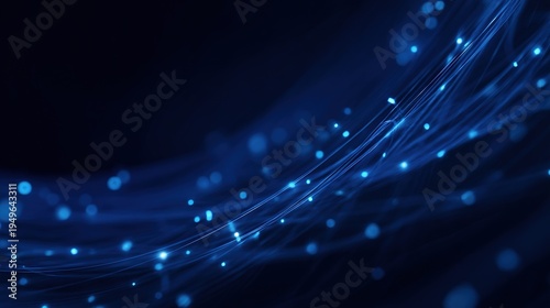 A network of luminous blue fiber optic traces forms against a deep navy blue background, connecting small nodes while maintaining sharp focus; a modern, minimalist abstract background design.
