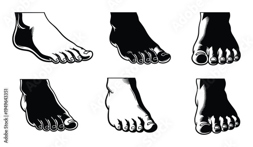 Set of human feet illustrations, various poses and angles depicting bare human feet