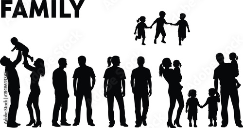 Silhouette illustration of diverse family interactions including parents and children bonding, playing, and embracing—symbolizing love, unity, and emotional connection in modern family life.