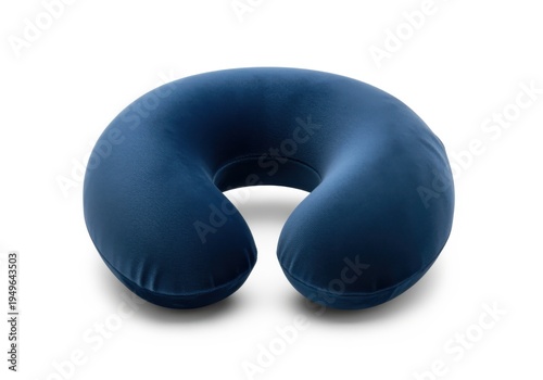 Comfortable navy blue travel pillow for neck support isolated on a white backdrop enhancing relaxation during journeys and flights with soft material