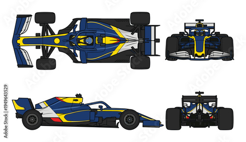 Set of formula racing cars from various angles showing high-performance vehicle in different views