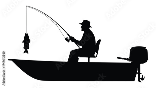 Man sitting in a boat fishing a fish
