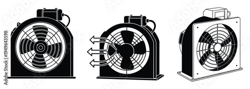 Set of industrial electric fans, ventilation systems, cooling equipment, air moving devices