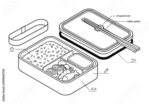 Bento box lunch container technical drawing with rice and traditional side dishes