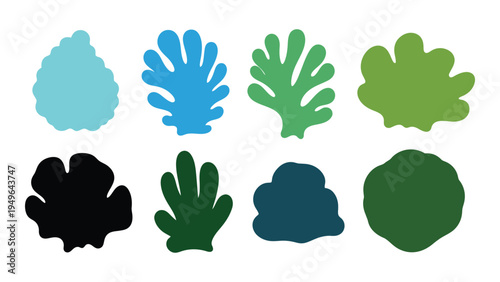 A collection of seven different colored leaf shapes