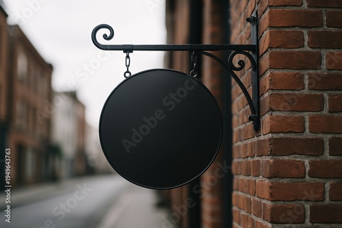 Blank Round Hanging Shop Sign on Brick Wall