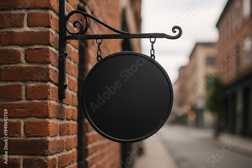 Blank Round Hanging Shop Sign on Brick Wall