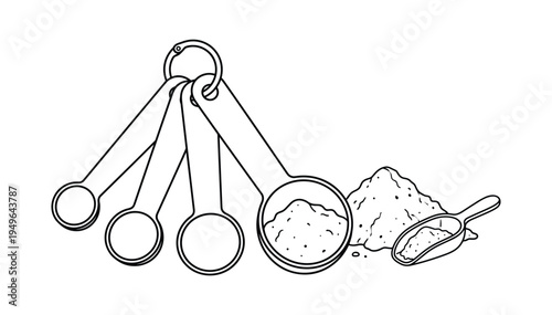 Set of kitchen measuring spoons with dry powder ingredient and scoop, isolated on transparent background