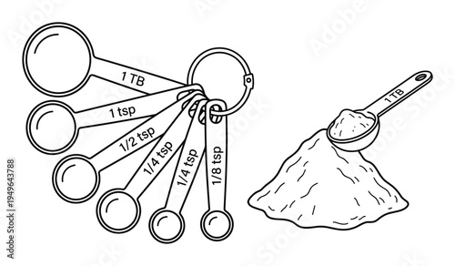 Set of kitchen measuring spoons with dry powder ingredient and scoop, isolated on transparent background