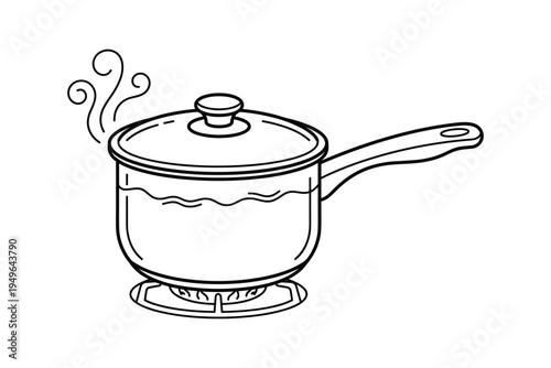 Cooking pot with boiling water on gas stove burner in line art style
