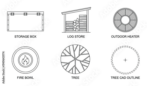 Top view landscape plan drawing with storage box, log store, outdoor heater, fire bowl with flame, tree, and tree cad outline