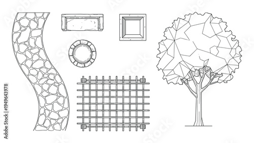 Top view landscape plan drawing with stone path, bench, fire pit, square pit and tree