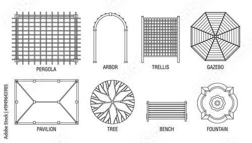 Outdoor garden structure icons featuring gazebo pavilion fountain and bench