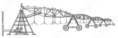 Linear irrigation system in an agricultural field, depicting multiple mobile sections with sprinklers