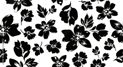 Elegant Black and White Floral Pattern Design with Blooming Flowers.