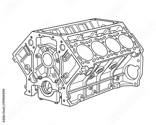 Internal combustion engine block cast iron structure detailed line art illustration