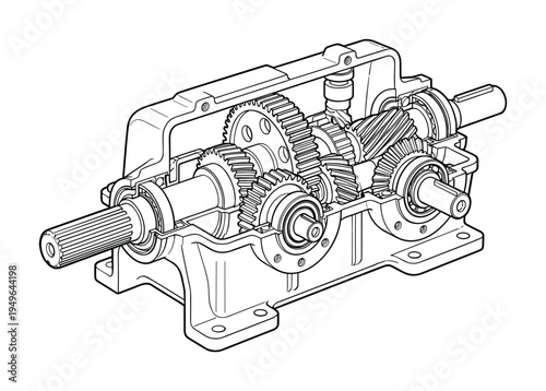 Cross section of mechanical gearbox with gears, shafts and bearings