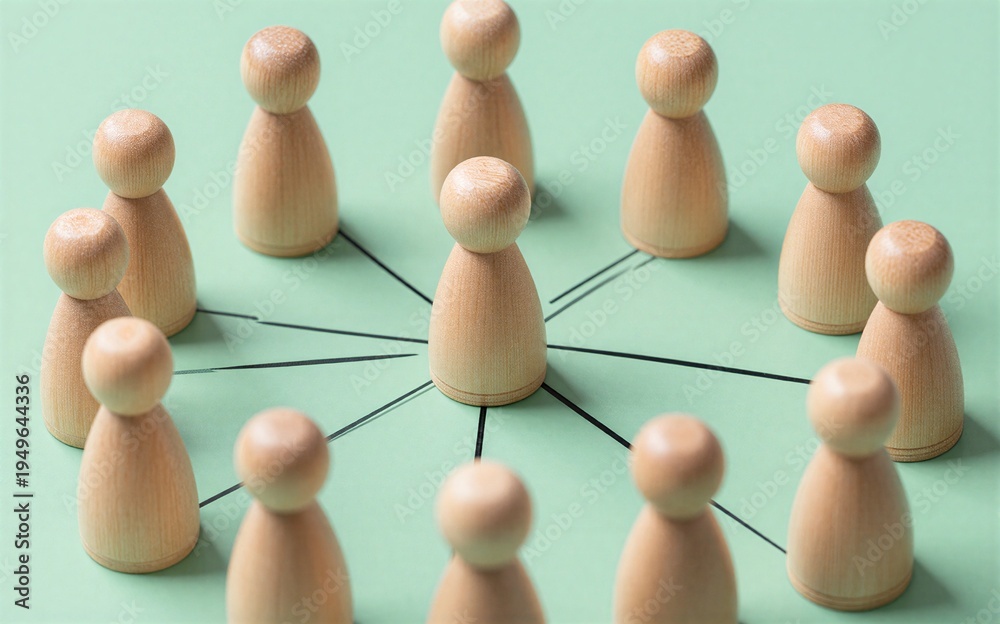 Obraz premium Wooden figures form a circle connected by lines to one central figure.