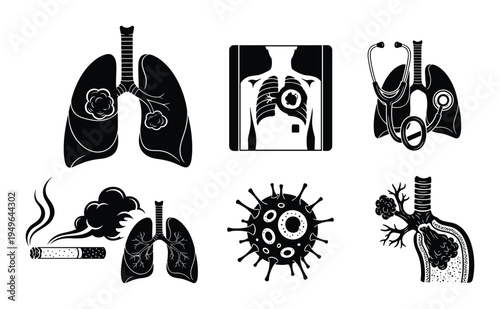 Collection of medical icons representing lungs, virus, and x-ray for healthcare concepts