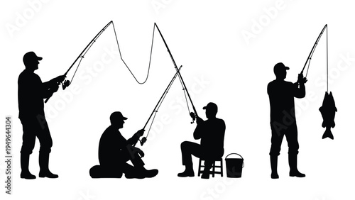 Four silhouettes of men fishing