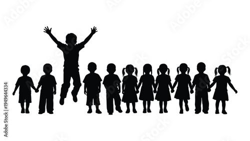 A group of children standing in a line with one jumping