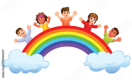 Cheerful multiethnic kids smiling and waving from behind a vibrant rainbow arch. Vector cartoon illustration