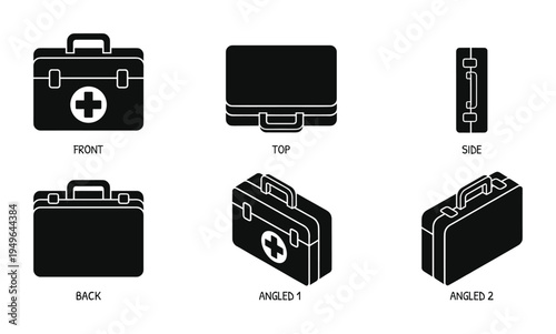 First aid kit collection from front top side back and angled views