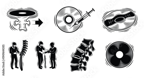Spine surgery and orthopedic treatment vector icons illustrating medical procedures for back pain