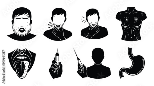 Set of medical symptoms and human organs, illustrating allergic reactions, sore throat, and internal body parts